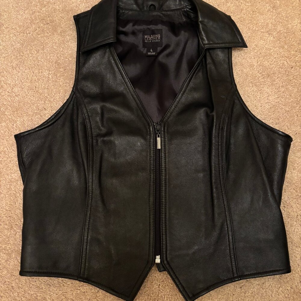 100% Leather Zippered Vest in Black (Women's Size L)